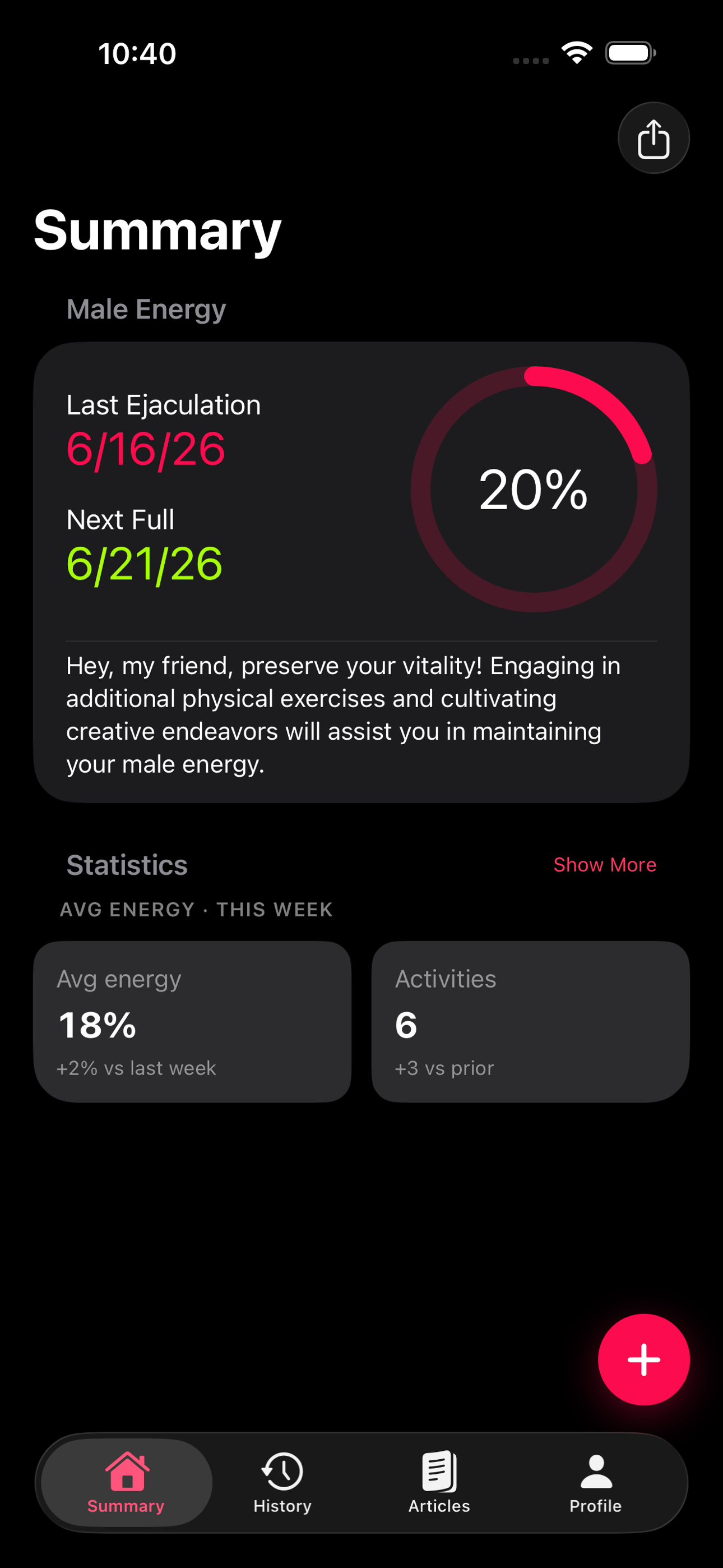 The MSE Summary screen showing the energy gauge at 20 percent with recent activity